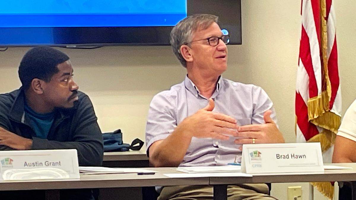 Brad Hawn, right, was named chairman of the new Community Police Review Board in Modesto, California, on June 15, 2023. At left is member Austin Grant.