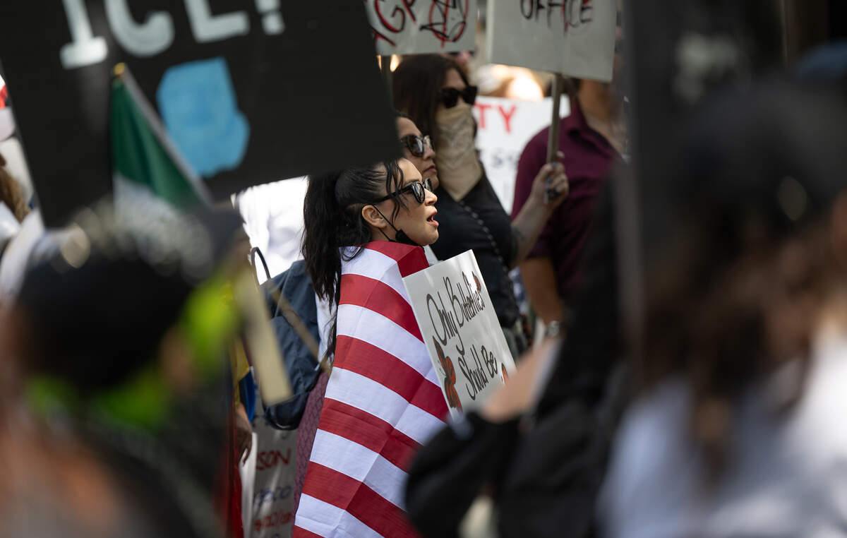 Protestors gathered at Tenth Street Place to oppose Trump Administration policies in Modesto, Saturday, June 14, 2025. The rally was organized by the Central Valley Black Indigenous People of Color Coalition.