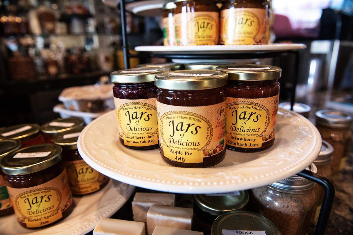 Jars of Delicious fruit preserves are sold at the Roberts Ferry Nut Co. in Oakdale, Calif., on Wendesday, Sept. 16, 2020.