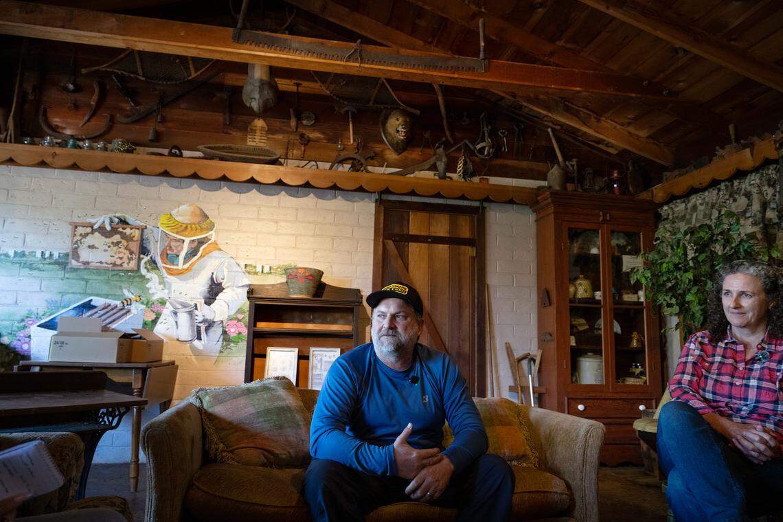 Matt and Sarah Beekman at their property in Hughson, Wednesday, Feb. 26, 2026. The third-generation beekeepers operate a commercial beekeeping business in Hughson.