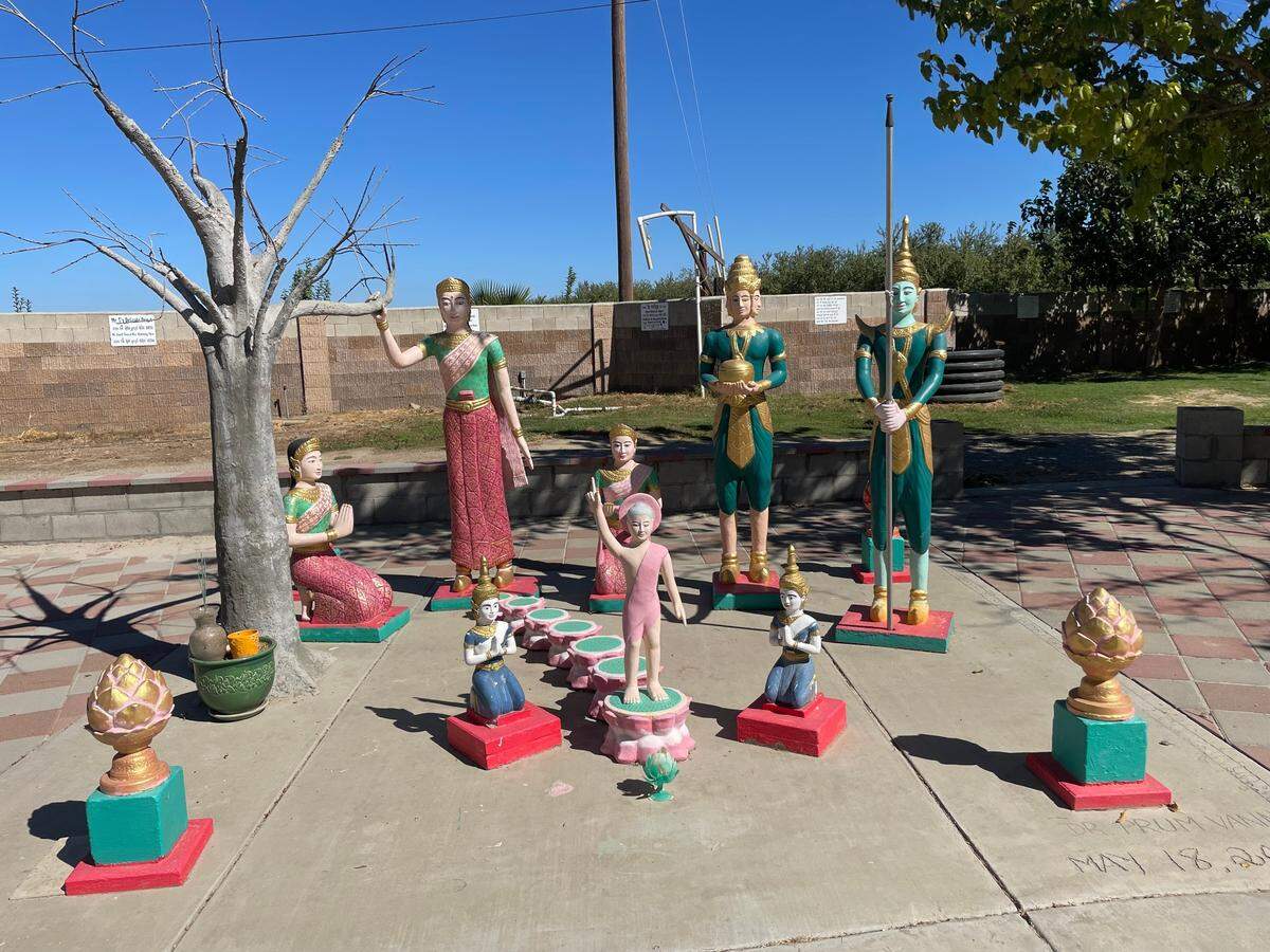 In June, a burglar attempted to vandalize these statues of Buddha. Monk Ve Prum chased the trespassers out with a rebar.