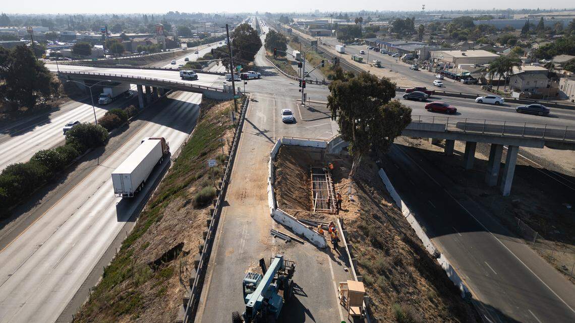 A California Department of Transportation crew repairs the southbound Highway 99 off-ramp at Hatch Road in Ceres, Calif., Tuesday, Sept. 24, 2024. Work is expected to be finished by Sept. 30.