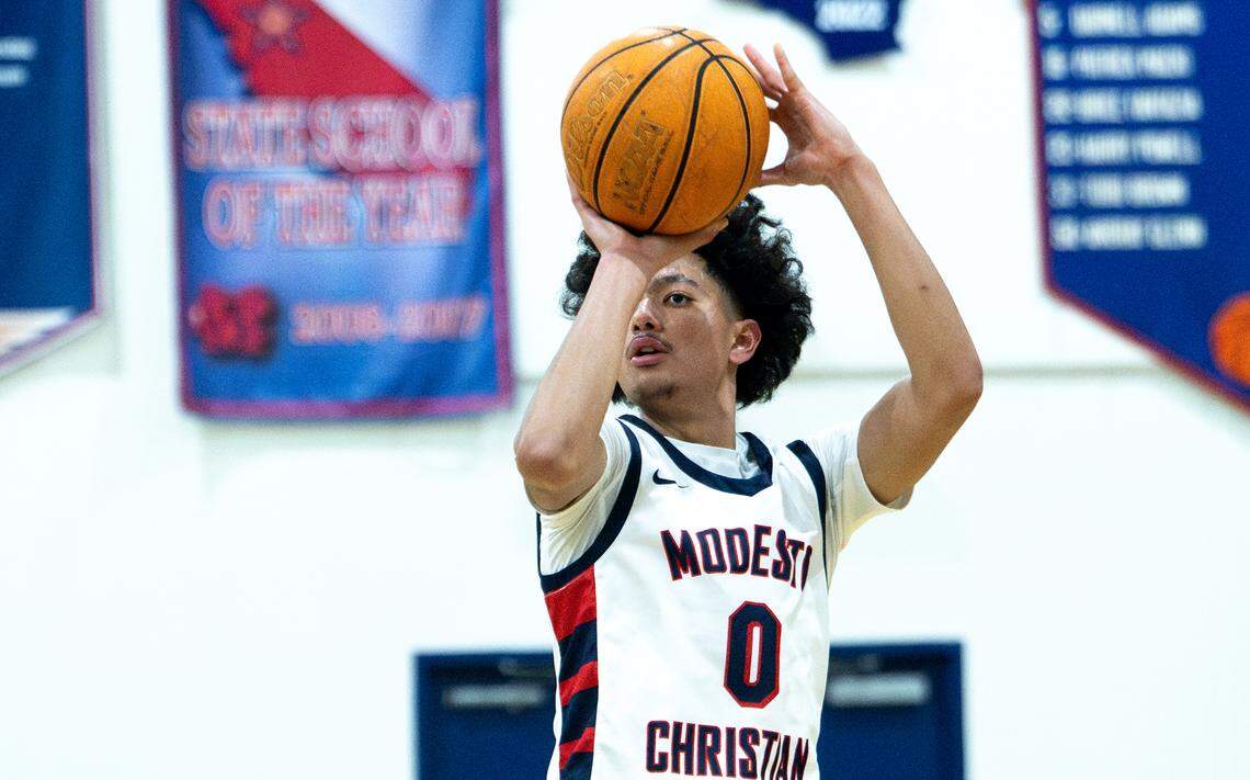Modesto Christian guard Myles Jones lines up a jump shot during a game with Oakland at Modesto Christian High School in Salida, Tuesday, Dec. 3, 2024.