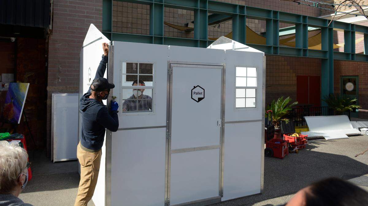 Pallet Shelter, a Washington-based company, built one of its 64-square-foot shelters on Tuesday, March 2, 2021 in Modesto, California. The shelters can be built in 30 minutes and are temporary housing for the homeless.