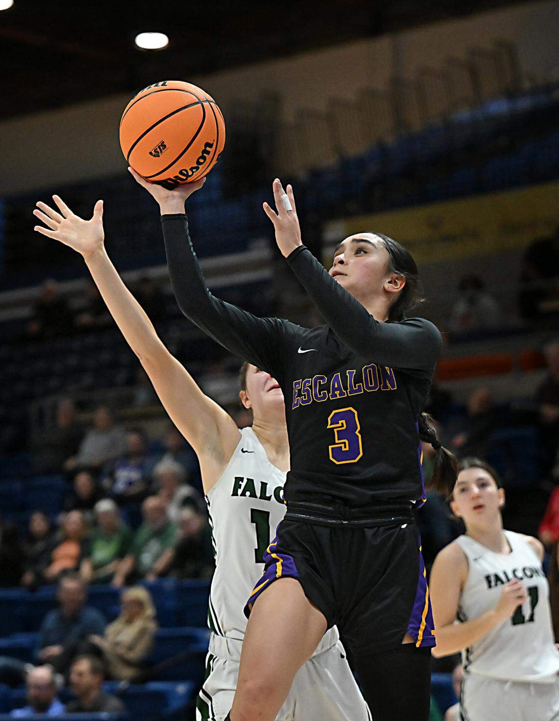 Escalon’s Madison Babasa scores two of her 9 points in the Sac-Joaquin Section Division IV championship game with Colfax at UC Davis in Davis, Calif., Friday, Feb. 23, 2024. Colfax claimed the title with a 64-48 win.