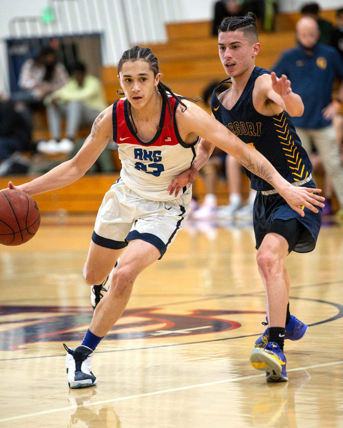 Beyer’s Gio Primofiore moves the ball as Gregori’s Ruben Munoz Montes defends during the Holiday Hoop Classic at Modesto Christian High School in Salida, Calif., on Tuesday, Dec. 28, 2021.