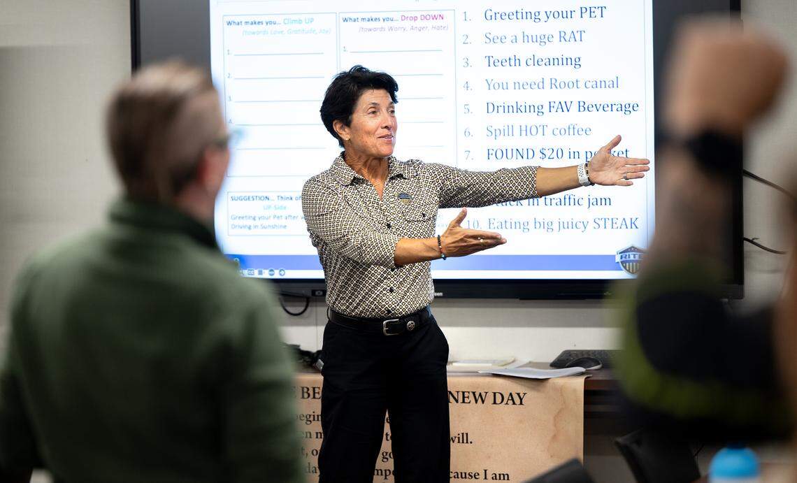 RITE Academy President Randy Friedman works with Sheriff’s Office staff during an emotional response  training session at the Stanislaus County Sheriff’s Regional Training Center in Modesto, Thursday, Aug. 14, 2025.