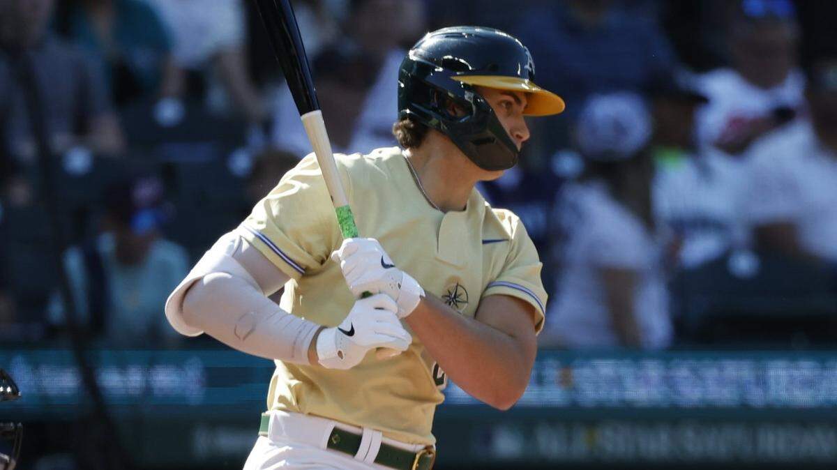 American League Futures first baseman Tyler Soderstrom (21) of the Oakland Athletics hits a single against the National League Futures during the second inning of the All Star-Futures Game at T-Mobile Park in Seattle, Washington, July 8, 2023.