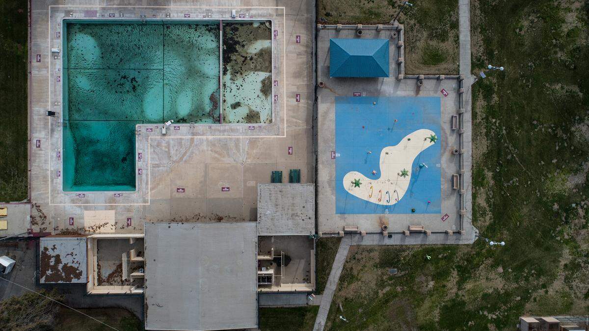 Aerial view of Columbia pool and splash pad at Columbia Park in Turlock, Calif., on Tuesday, Jan. 26, 2021.