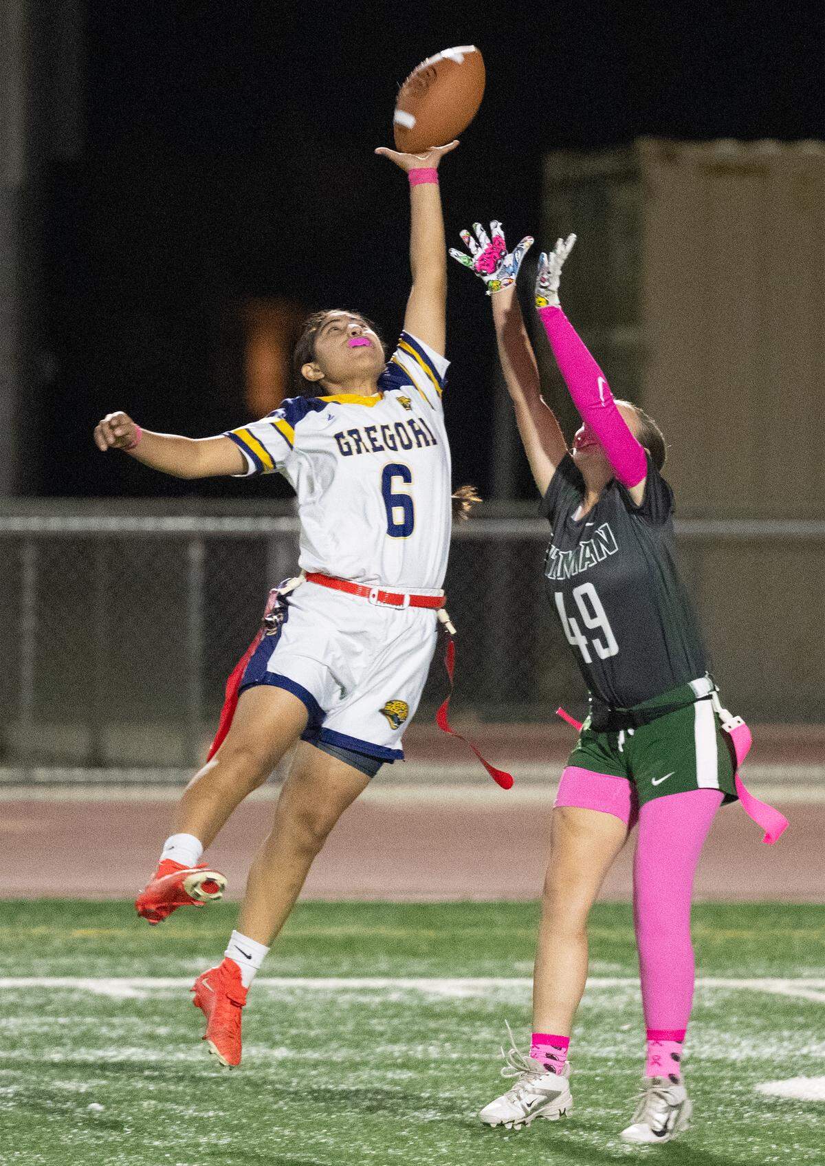 Gregori’s Mia Contreras breaks up a pass to Pitman’s Shelby Wood during the California Athletic League game at Pitman High School in Turlock on  Wednesday, Oct. 22, 2025.  