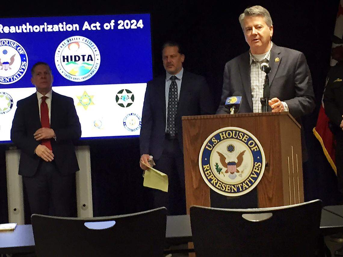 Congressman John Duarte speaks at a news conference in Modesto as drug enforcement legislation is unveiled.