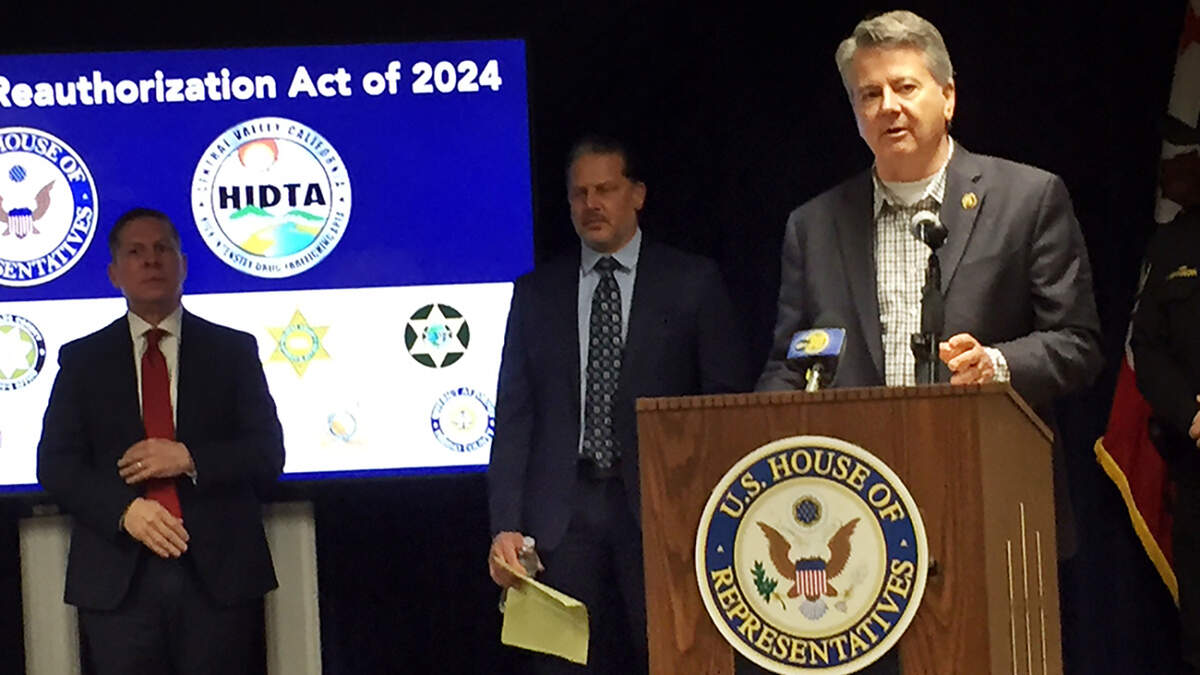 Congressman John Duarte speaks at a news conference in Modesto as drug enforcement legislation is unveiled.