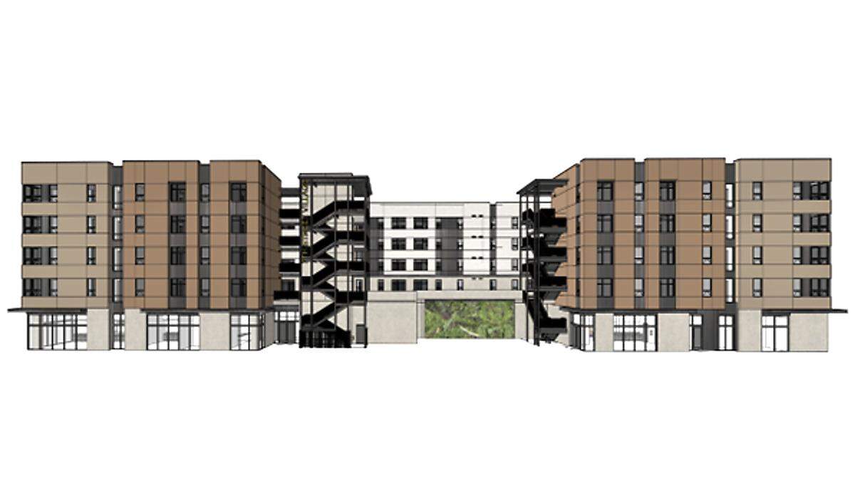 An architectural rendering shows the low-income apartment building that will be built on Seventh Street in Modesto. Construction will begin in December 2025.