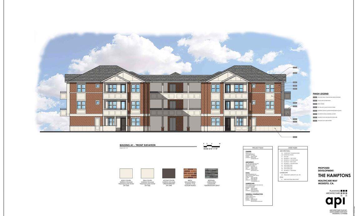 This is a rendering of one of the buildings for The Hamptons, a north Modesto project consisting of 436 luxury apartments in 19 three-story buildings.
