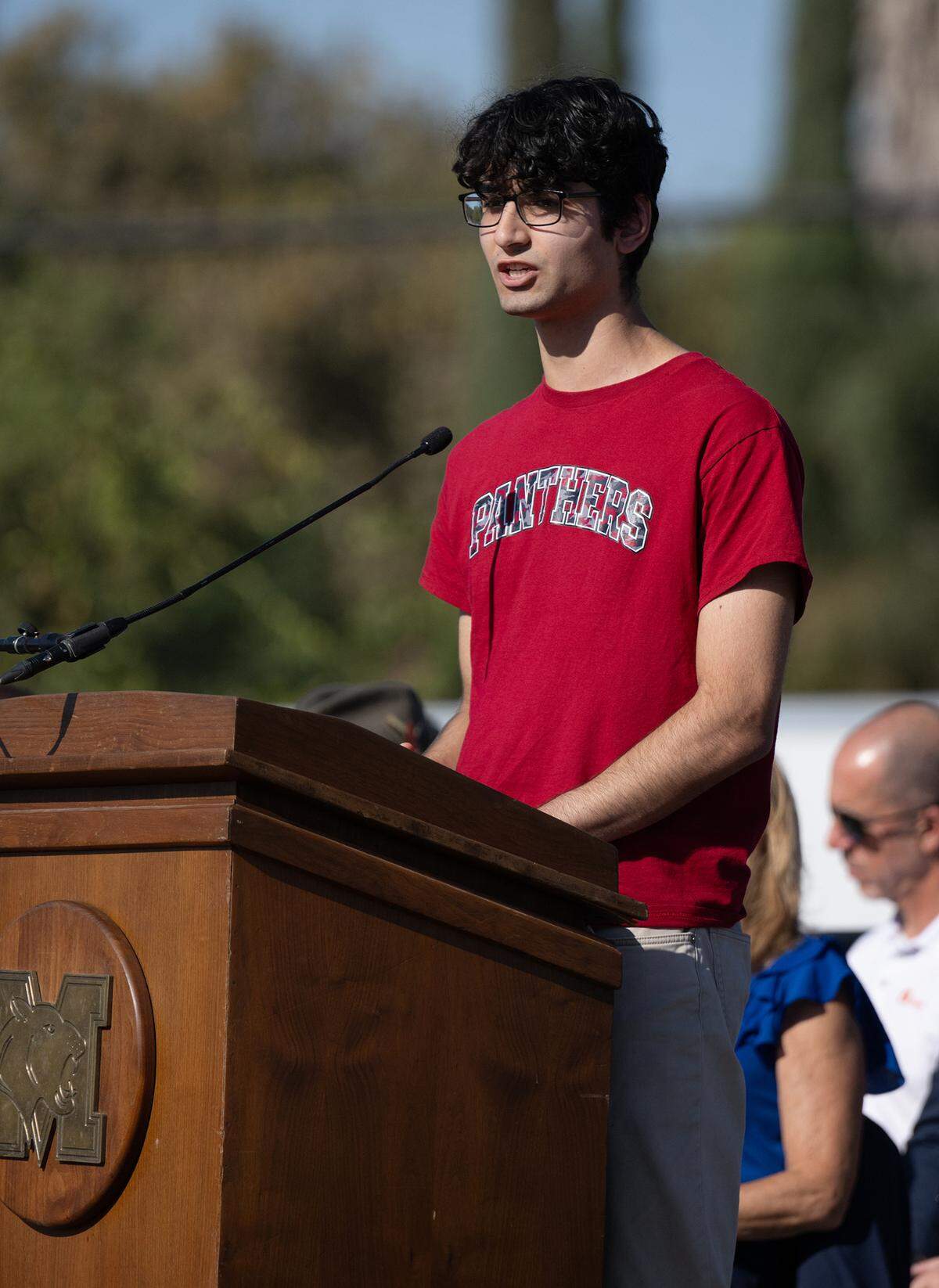 Student Ahmad Dagher speaks during a groundbreaking ceremony for new classrooms and facilities at Modesto High School in Modesto, Calif., Tuesday Oct. 8, 2024.