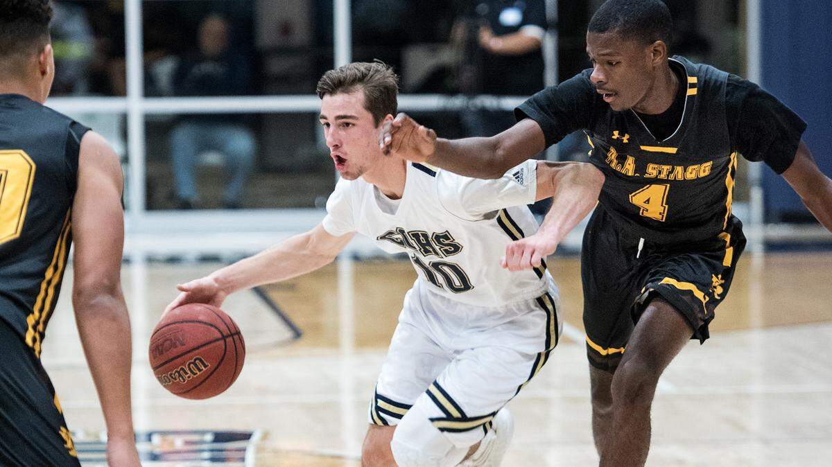 Central Catholic’s Justin Traina advances the ball during the 2018 Mark Gallo Invitational game with Stagg at Central Catholic High School in Modesto, Calif., Wednesday, Dec. 12, 2018. Central Catholic won the game 53-39.