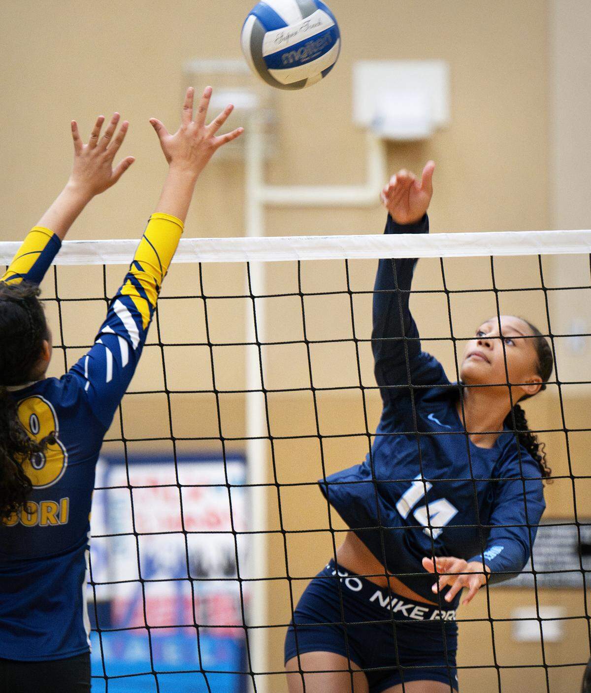 Downey’s Zaniyah Corneille spikes the ball during the Central California Athletic League match with Gregori at Gregori High School in Modesto, Calif., Thursday, Sept. 19, 2024. Downey won the match 3-2.