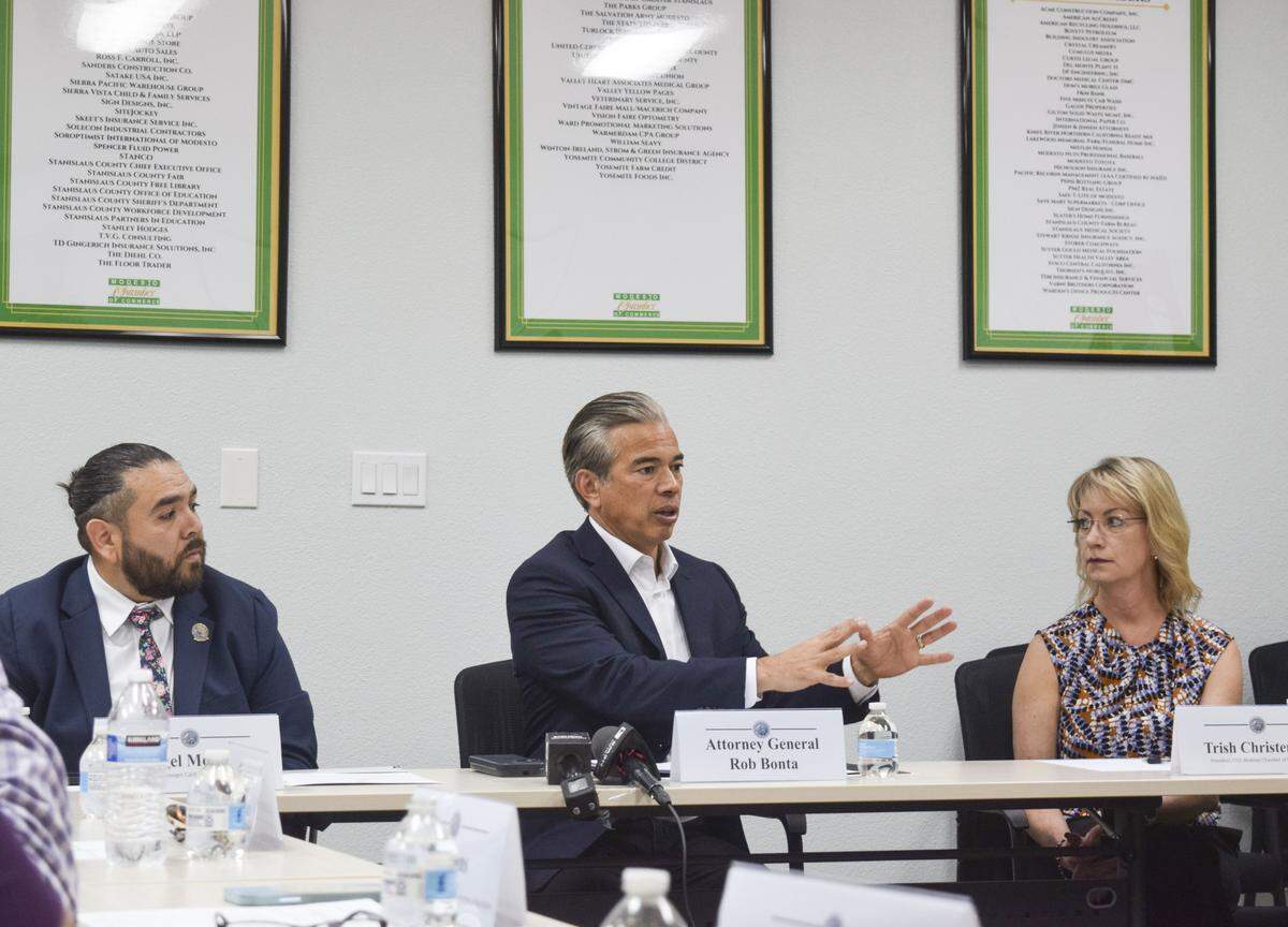 Attorney General Rob Bonta speaks to Central Valley business leaders to discuss the impacts of President Donald Trump’s tariffs across industries in California on March 19, 2026.