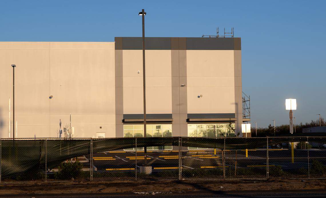 The warehouse at Kiernan Avenue and Tully Road in Modesto on Wednesday, March 4, 2026. A spokesperson for Amazon said the facility will be a same-day fulfillment center. 