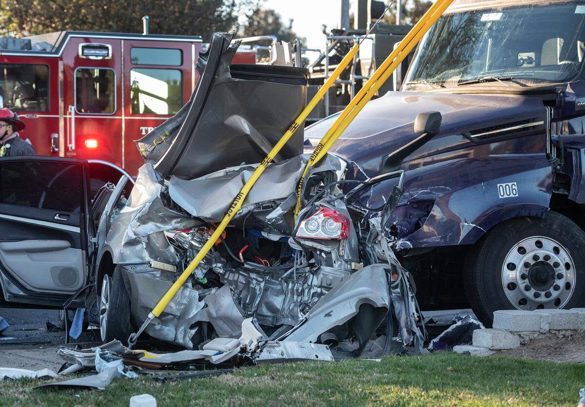 Modesto firefighters and police respond to a fatal accident Briggsmore Avenue and Carver Road in Modesto, Calif., on Tuesday, Feb. 1, 2022.