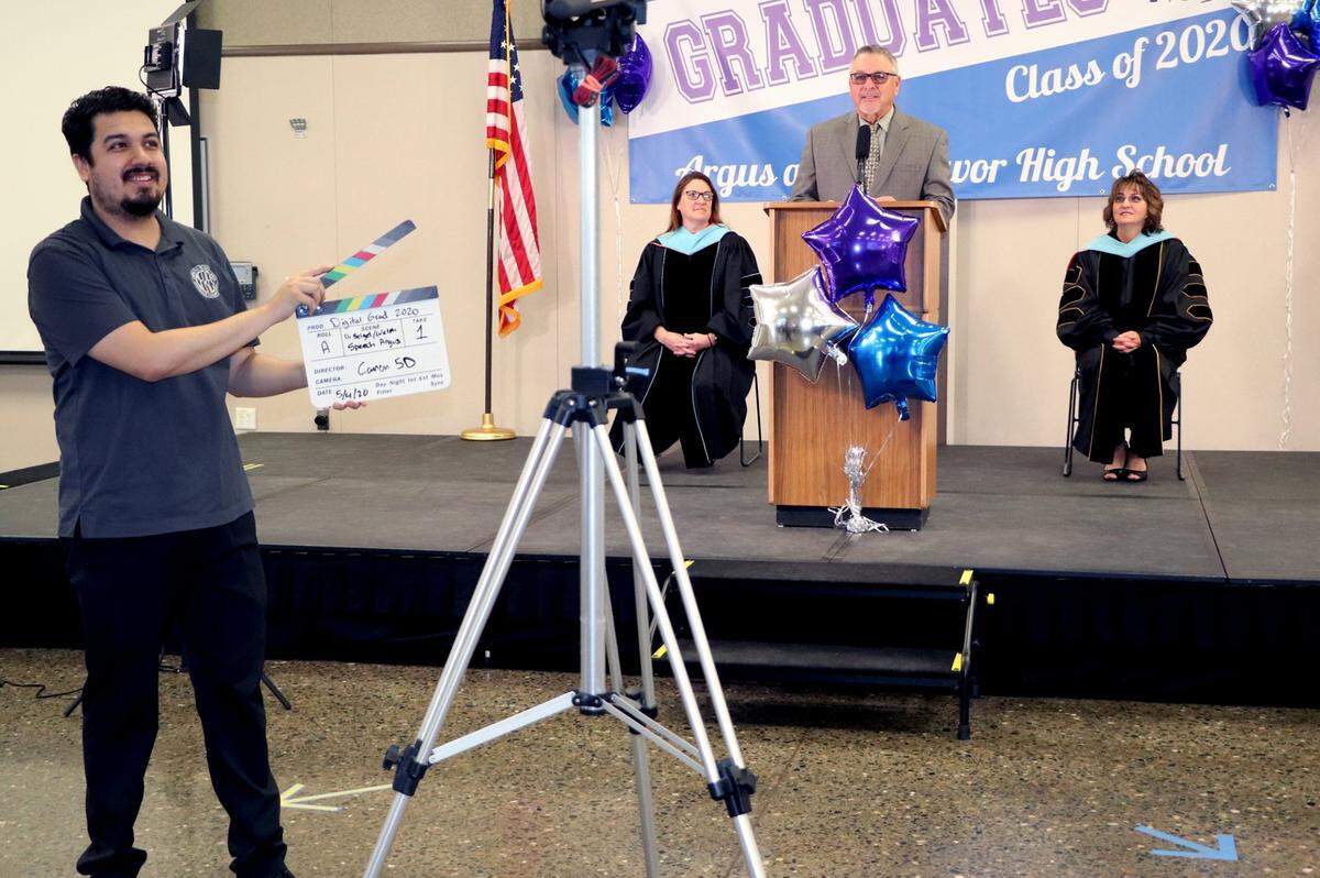 Ceres Unified School District Board President Mike Welsh is videotaped for the virtual graduation ceremony for Argus and Endeavor High Schools.