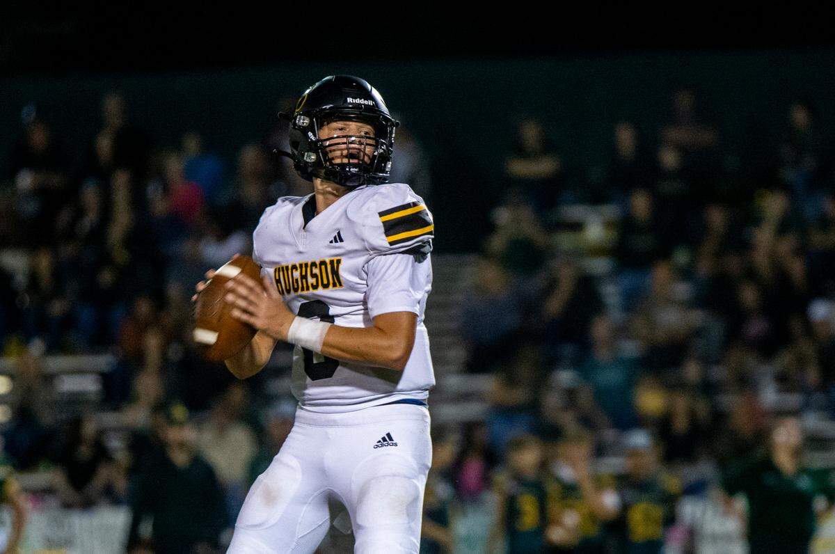 Robert Mcdaniel, 8, looks upfield for an open man during the first half of Friday Oct. 20, 2023 night’s game against Hilmar.