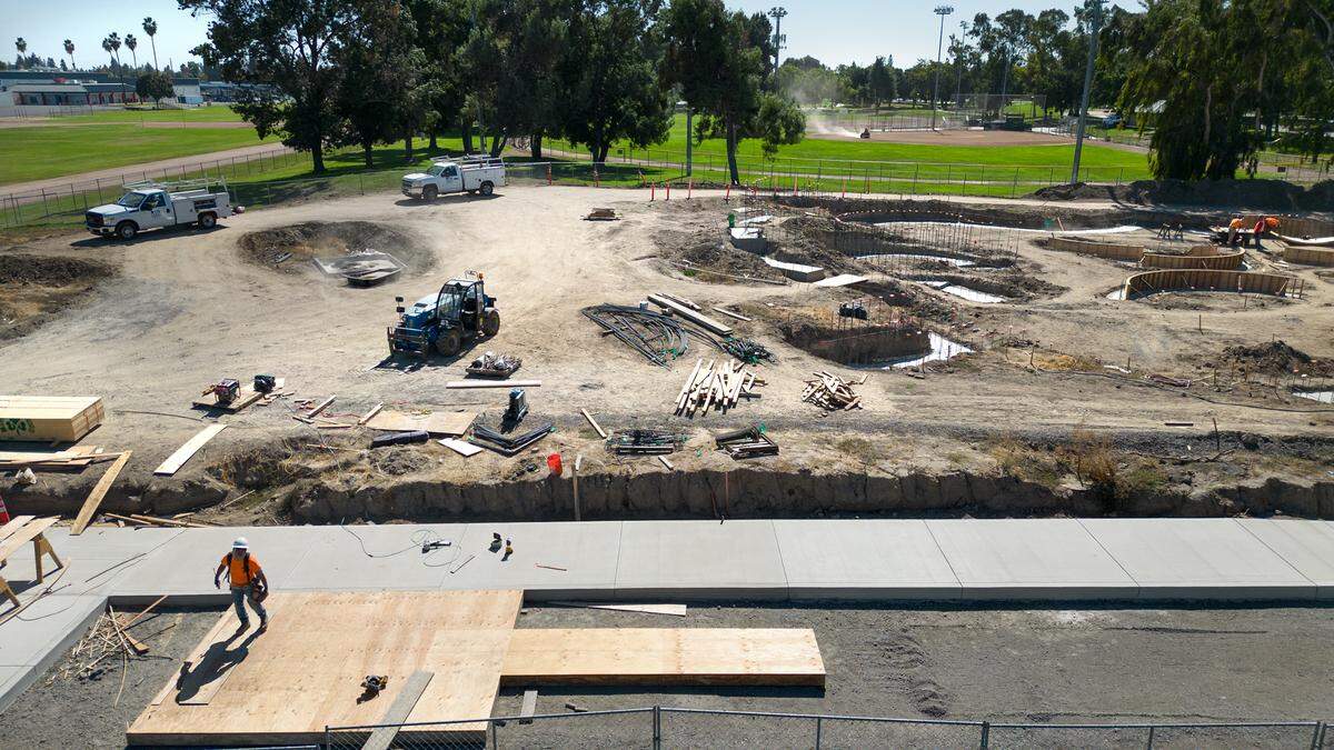 Construction work continues at The Awesome Spot playground at Beyer Community Park in Modesto, Calif., Thursday, Oct. 12, 2023.