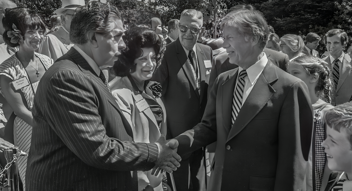 Prominent Modesto attorney Hashem Naraghi, left, meets with President Jimmy Carter at a fundraiser in Modesto on July 4, 1980.