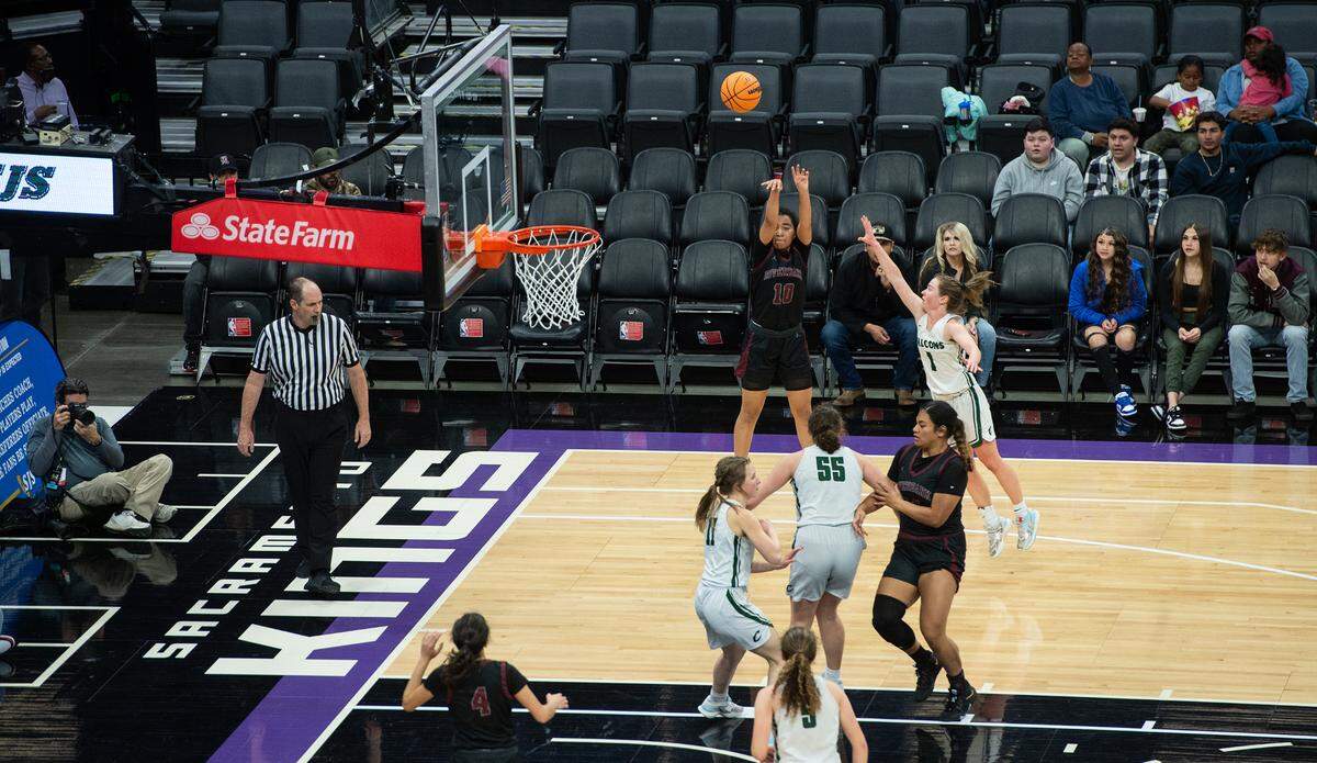 Riverbank and Colfax compete for the Sac-Joaquin Section Division IV championship title at Golden 1 Center in Sacramento, Calif., Friday, Feb. 24, 2023. Colfax won the game 56-38.