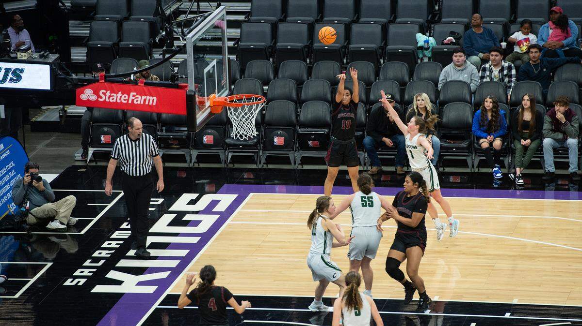 Riverbank and Colfax compete for the Sac-Joaquin Section Division IV championship title at Golden 1 Center in Sacramento, Calif., Friday, Feb. 24, 2023. Colfax won the game 56-38.