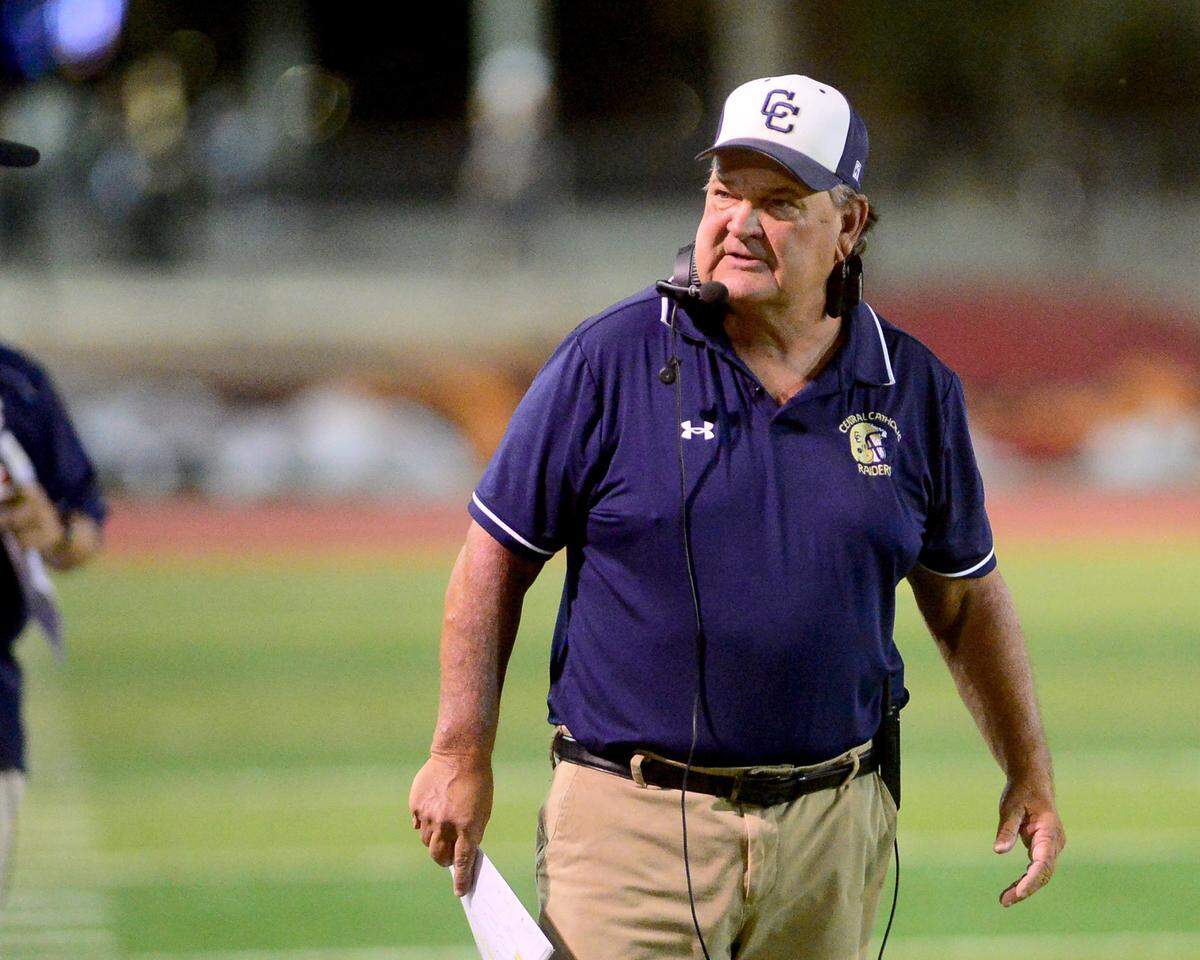Central Catholic Head Coach Roger Canepa looks back the sideline during a game between Central Catholic High School and Patterson High School at Patterson High School in Patterson California on September 9, 2024. Central Catholic won the game 25-14