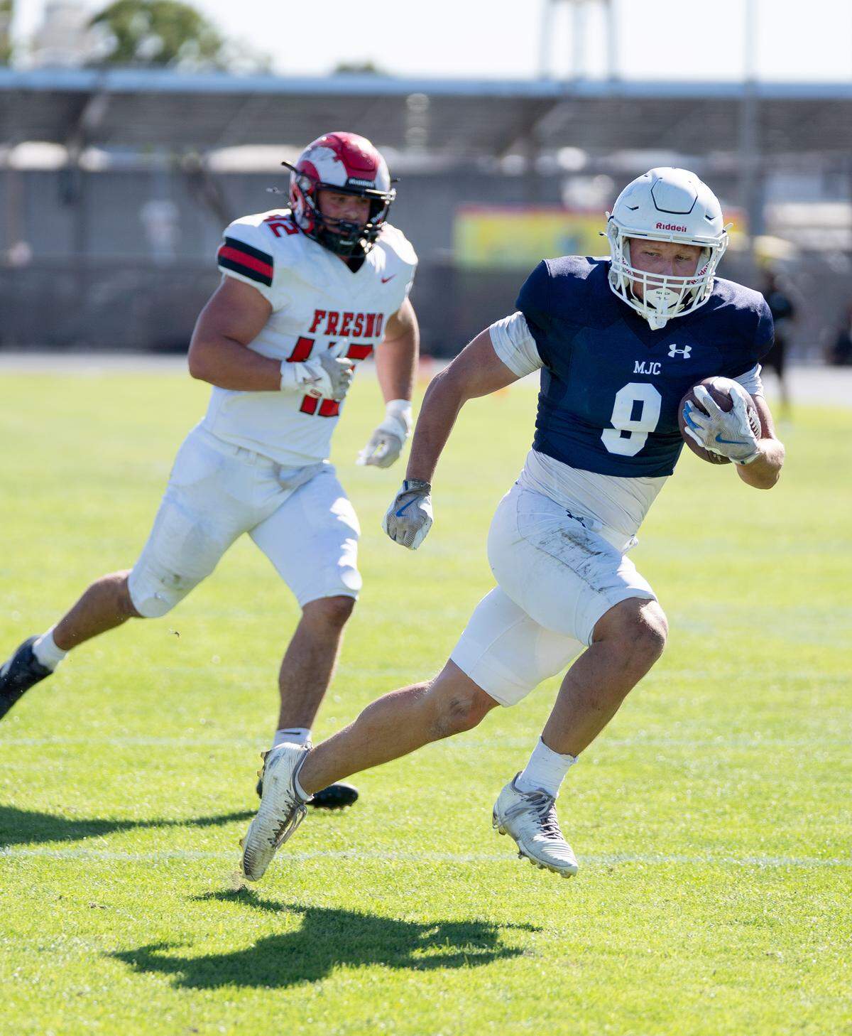 Modesto JC running back Caden Bailey scores a third-quarter touchdown during a Valley Conference game against Fresno City College at Modesto Junior College on Saturday, Oct. 11, 2025.