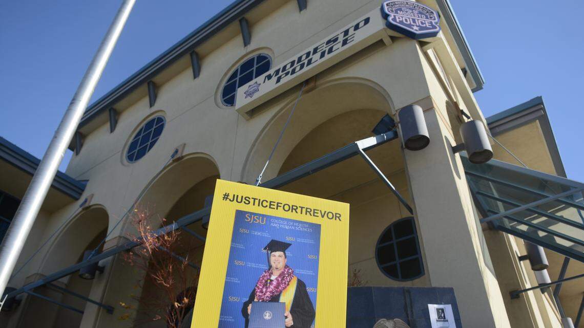 Trevor Seever’s photo in front the Modesto Police Department during a protest in Jan. 30, 2021.