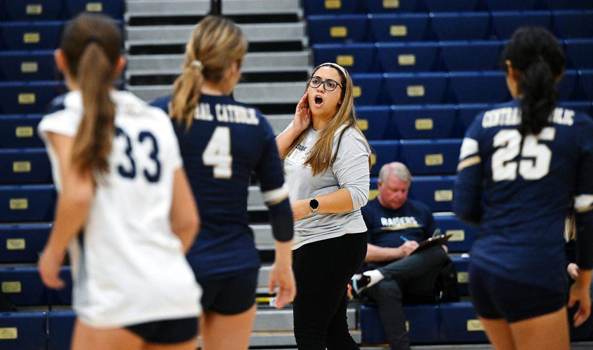 Central Catholic coach Michelle Springmeyer calls out to her players during the first round D3 playoff game with Linden at Central Catholic High School in Modesto, Calif., Tuesday, Oct. 24, 2023.