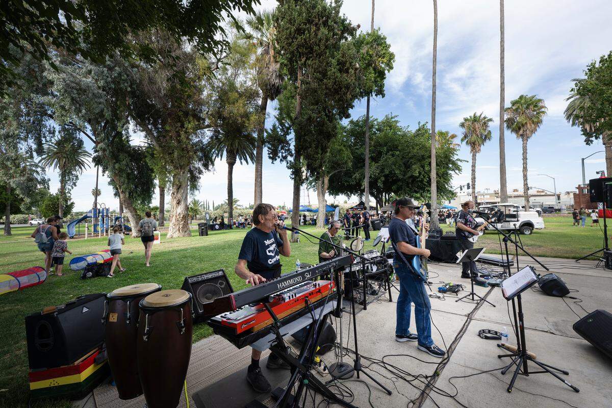 The 3rd Street Underground Band performs during National Night Out at North Park in Patterson, Calif., Tuesday, Aug. 1, 2023.