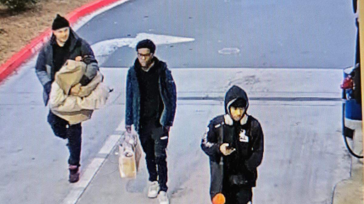 Surveillance footage from the Great Wolf Lodge in Manetca show three suspects, two carrying items, on Thanksgiving morning, Nov. 27, 2025.