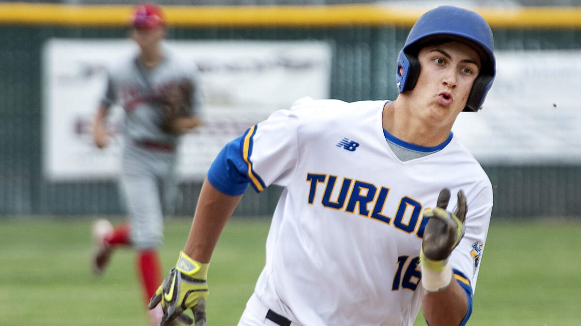 Turlock’s Tyler Soderstrom runs to third base during the Sac-Joaquin Section baseball playoff game with Lincoln at Turlock High School in Turlock, Calif., Tuesday, May 14, 2019.