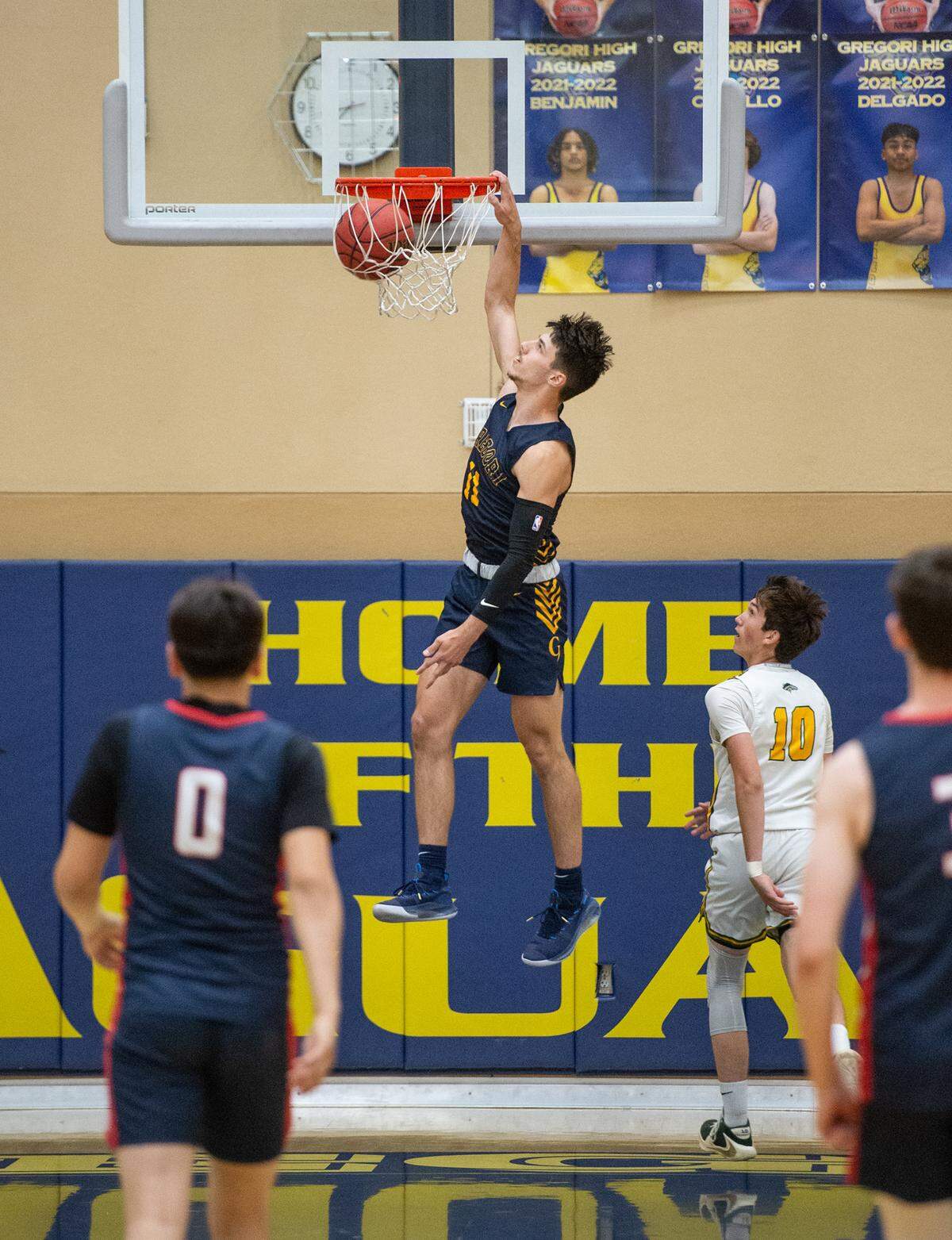 Gregori’s Kyle Monk dunks the ball during the boys Six-County Senior All-Star Basketball Game at Gregori High School in Salida, Friday, May 6, 2022.