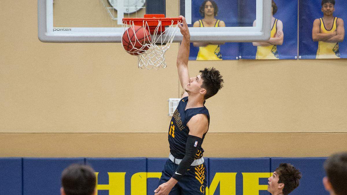 Gregori’s Kyle Monk dunks the ball during the boys Six-County Senior All-Star Basketball Game at Gregori High School in Salida, Friday, May 6, 2022.