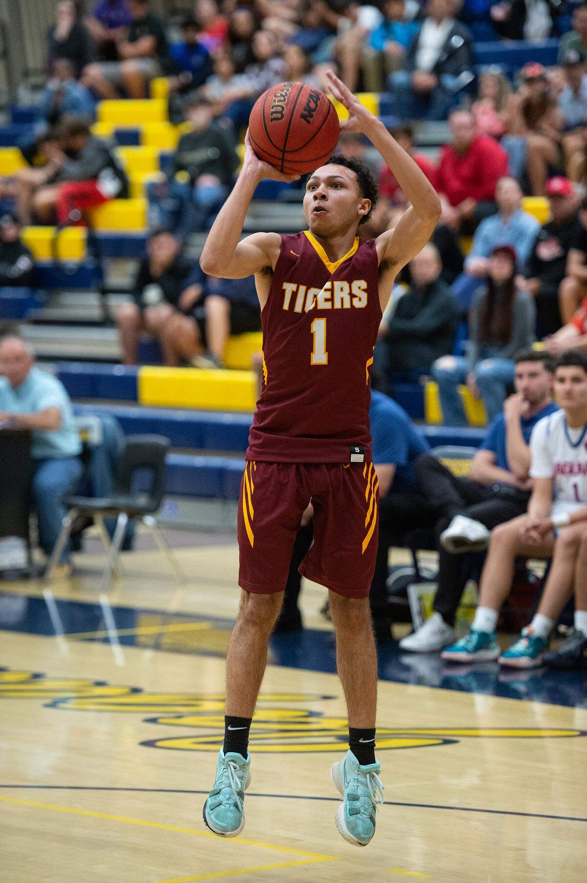 Cam Lockette from Los Banos takes an open shot during the Six-County Senior All-Star Basketball Game at Gregori High School in Salida, Friday, May 6, 2022.