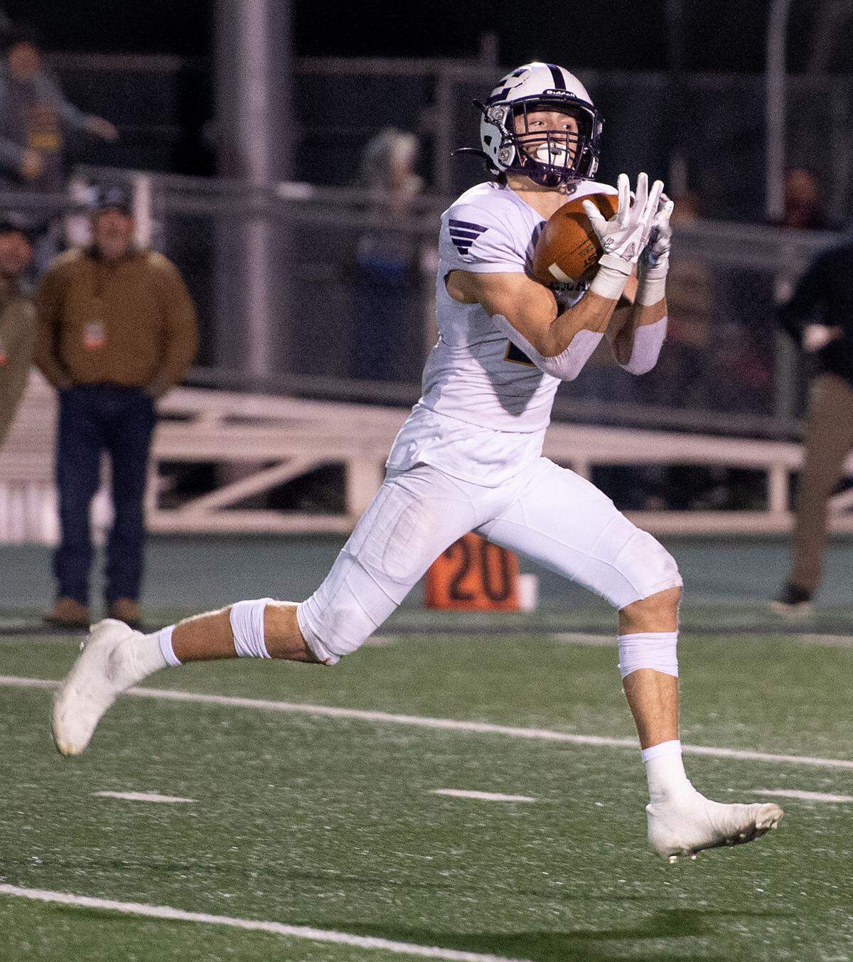 Escalon’s Owen Nash makes an open-field touchdown catch during the Sac-Joaquin Section Division V championship game with Sonora at St. Mary’s High School in Stockton, Calif., Saturday, Nov. 26, 2022.