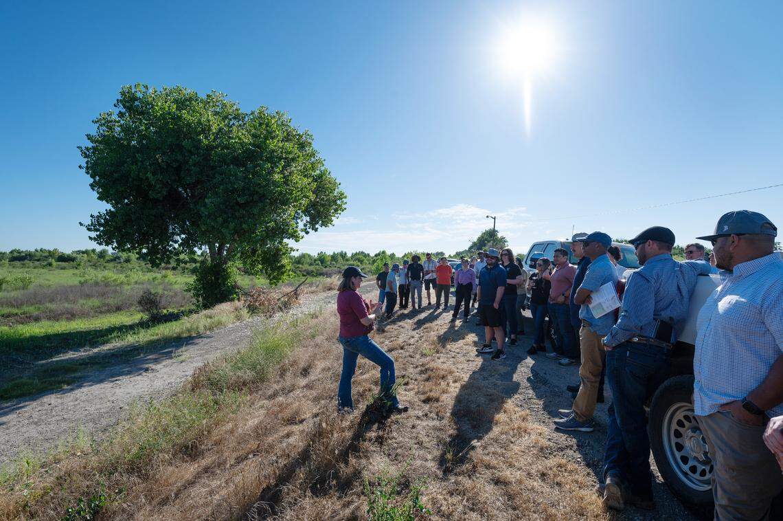 River Partners president Julie Rentner speaks to a group during a tour at Dos Rios Ranch near Modesto, Calif., Tuesday, March 25, 2023.