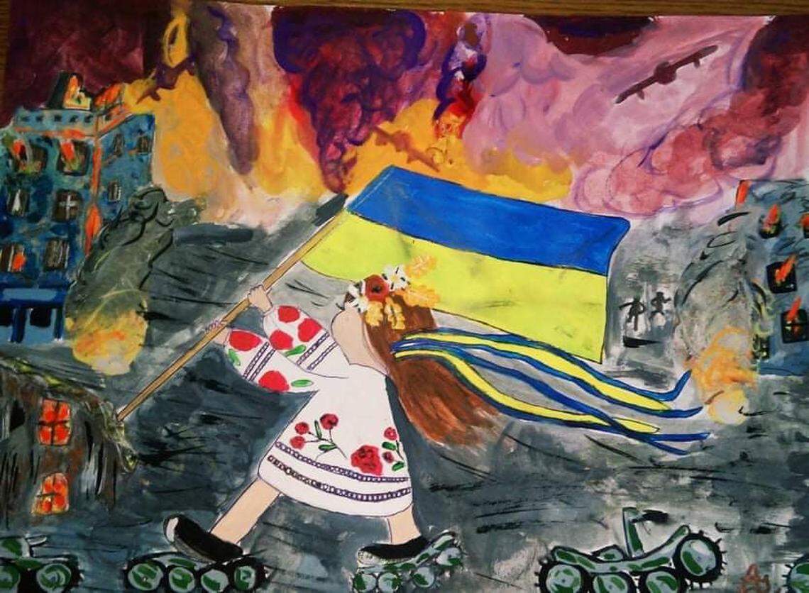 Artwork depicting war in Ukraine by Angelina Kolodiy, 12, a student of Nadia Boretska.