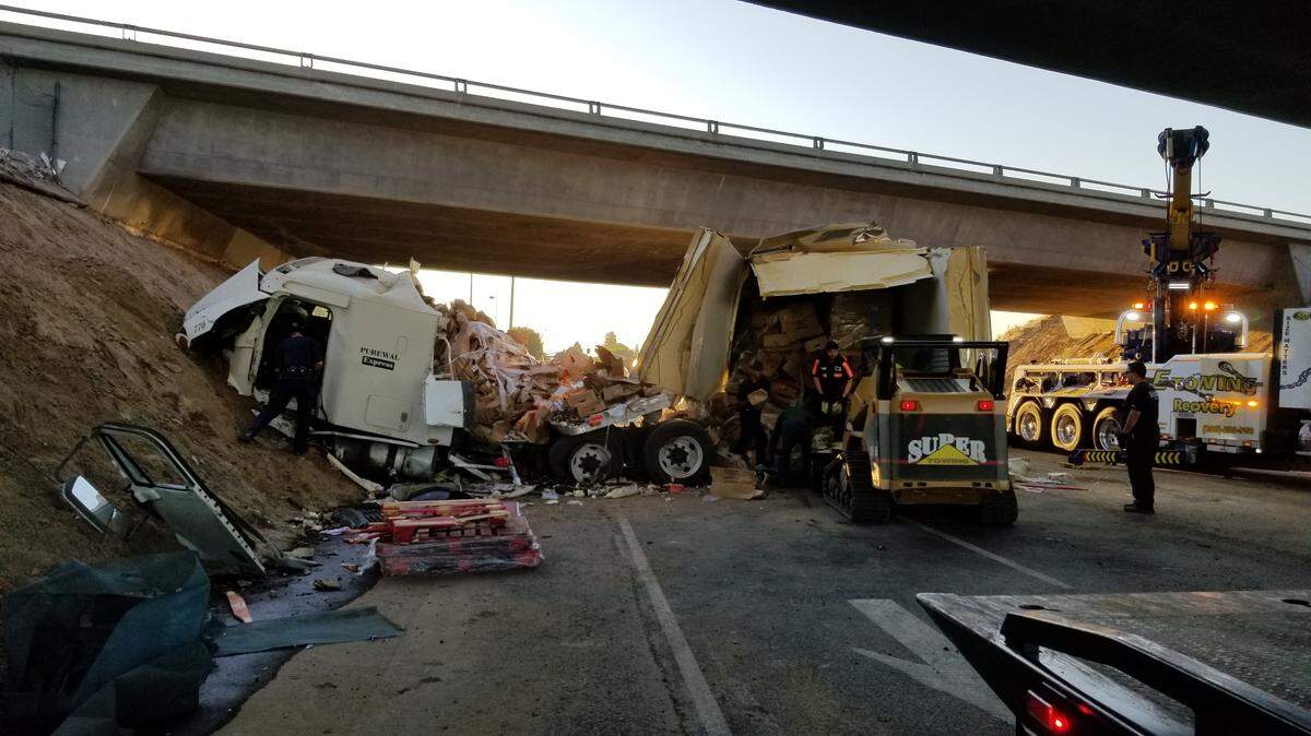 A semi truck drove off of Highway 99 and landed on Fulkerth Road early Monday morning.