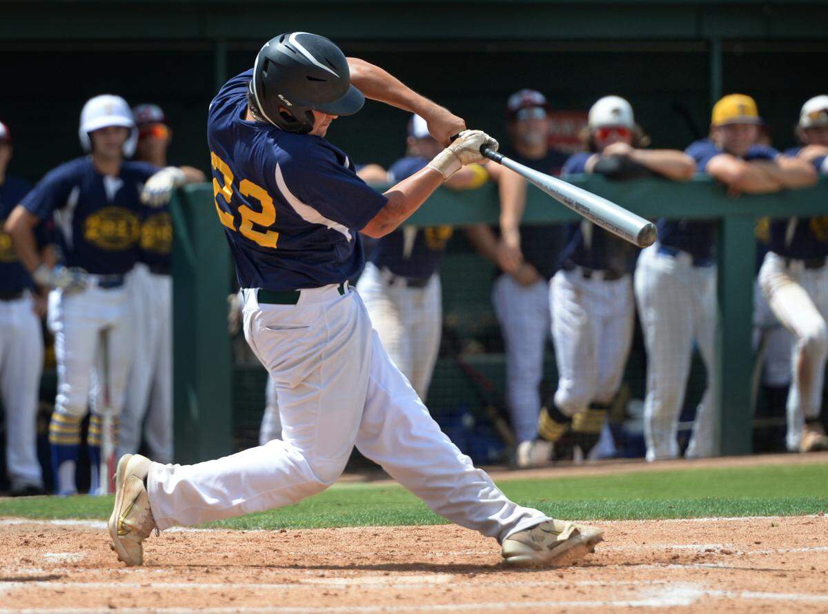 Central Valley senior Edmond Stewart makes contact with a pitch during the 32nd Modesto Sunrise Rotary All-Star Game at CSU Stanislaus on Saturday, June 8, 2024.