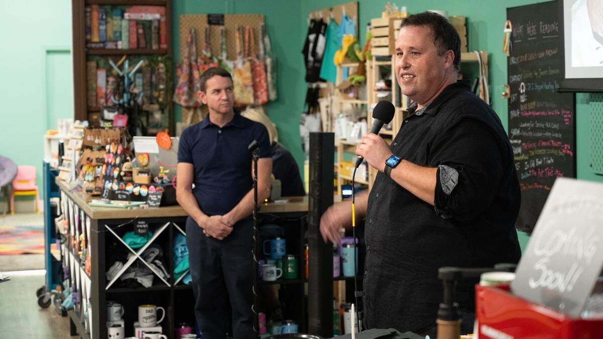 Author David Seymour speaks to a crowd gathered for the book launch for “StaniStory: Change and Continuity in Stanislaus County” by Seymour and Keith Highiet at Bookish bookstore in Modesto, Calif., Wednesday, Oct. 2, 2024.