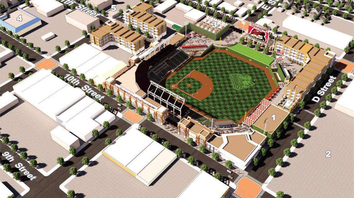 Concept for proposed sports coliseum on 10th and D Streets in Modesto, Calif.