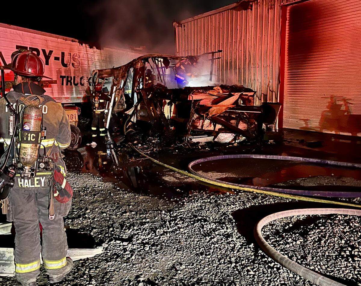The aftermath of a motorhome fire in Ceres on Tuesday, July 29, 2025.