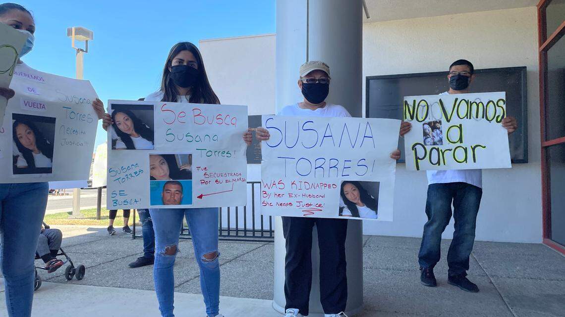 Loved ones of Susana Torres gather at the Stanislaus County Sheriff’s Office on Tuesday to demand answers in her disappearance. Torres was alledgedly kidnapped April 11 at gunpoint by her estranged husband.