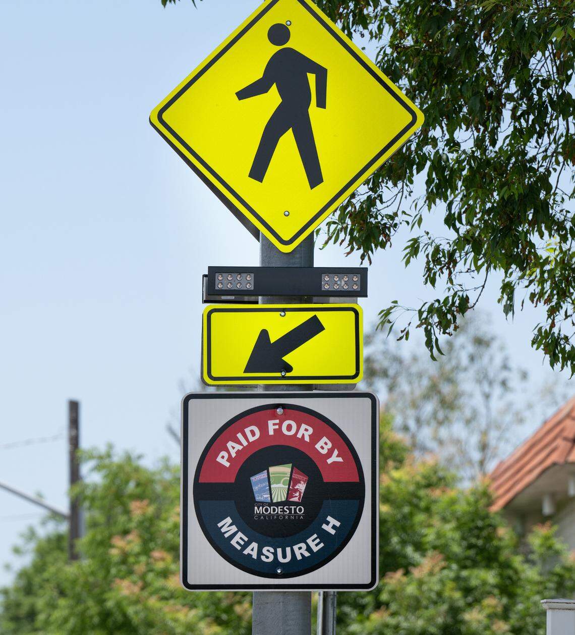 New crosswalk improvements on a crosswalk on Orangeburg Avenue in Modesto, Calif., Friday, May 24, 2024. The crosswalk was funded using money from Modesto’s Measure H.